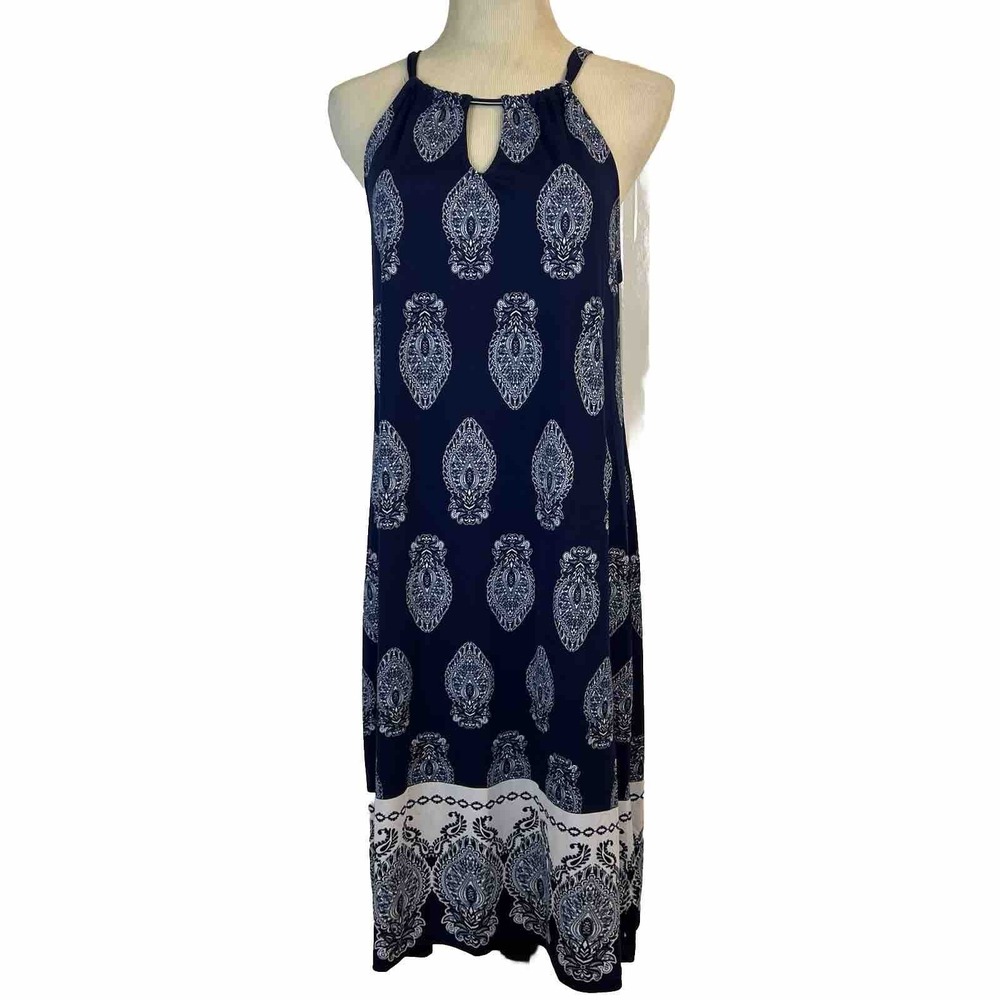 Haani Paisley Midi Dress‎ Womens Medium Navy Blue White Halter Keyhole Shift